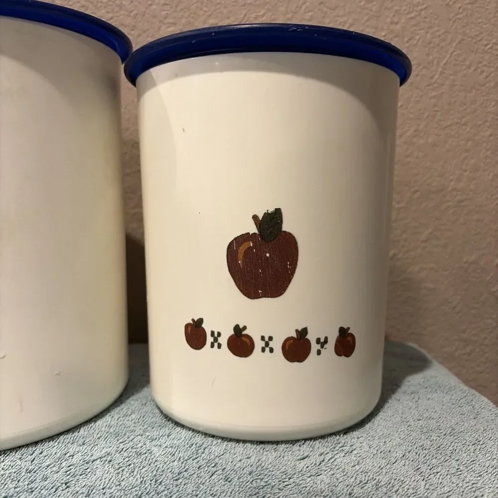 VINTAGE TUPPERWARE “An Apple a Day” WHITE/BLUE TOPS SET OF 3 ONETOUCH CANISTERS